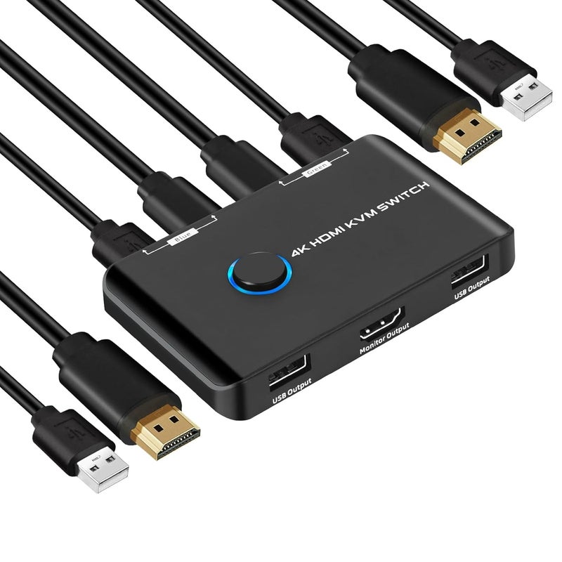 Suceem 4K@60Hz HDMI KVM Switch for 1 Monitor and 2 Computers, with 2 USB Ports for Sharing Monitor, Keyboard, Mouse, Hard Drives, and Printer – Includes 2 HDMI & USB Cables, and One-Button Swapping - Image 1